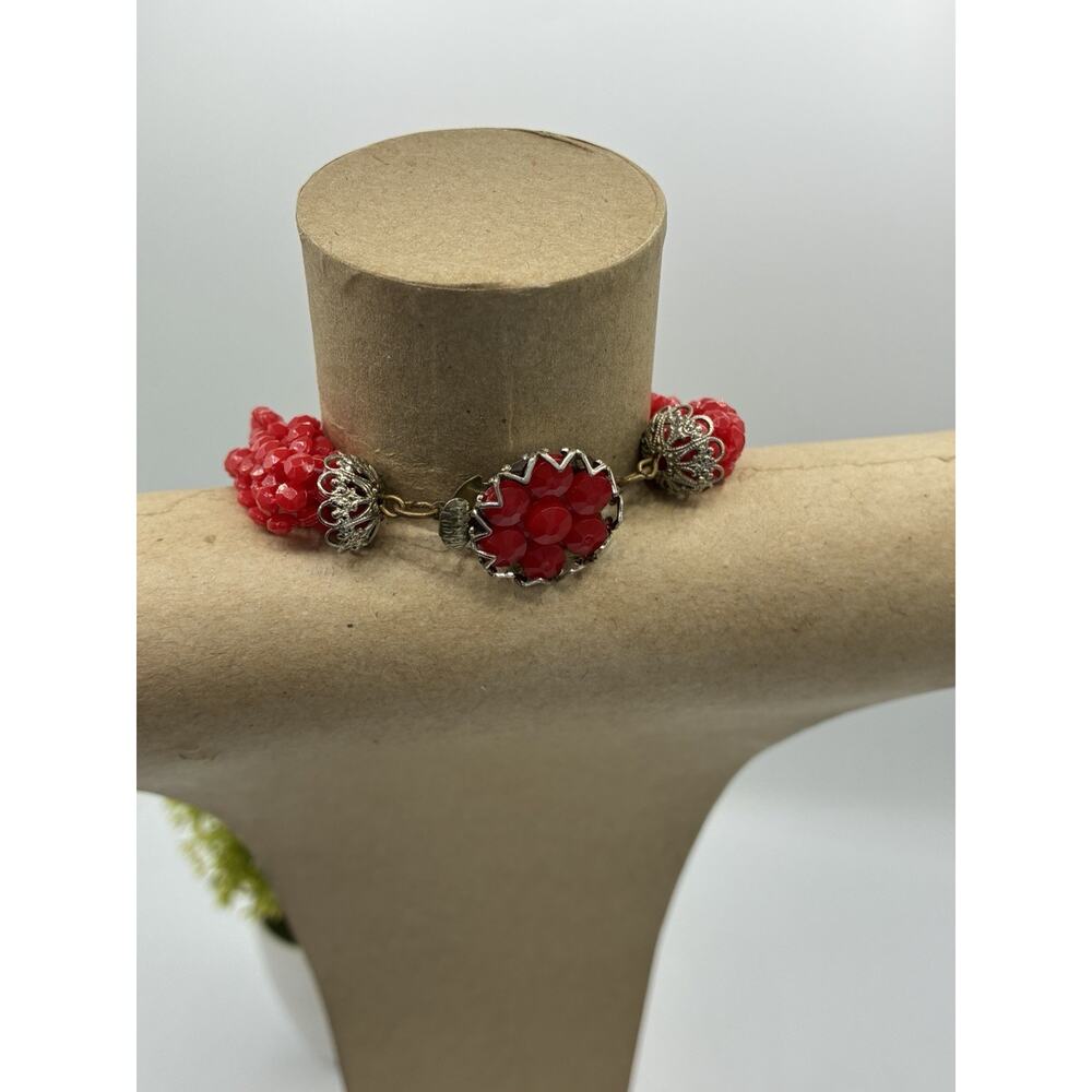 Vintage Multi Strand Red Faceted Bead Necklace Ornate Filigree Flower Clasp Long - Picture 2 of 5